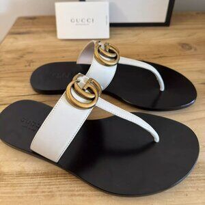 NEW Gucci Marmont GG Leather T Strap Thong Flat Sandals Shoes Cream Size 39